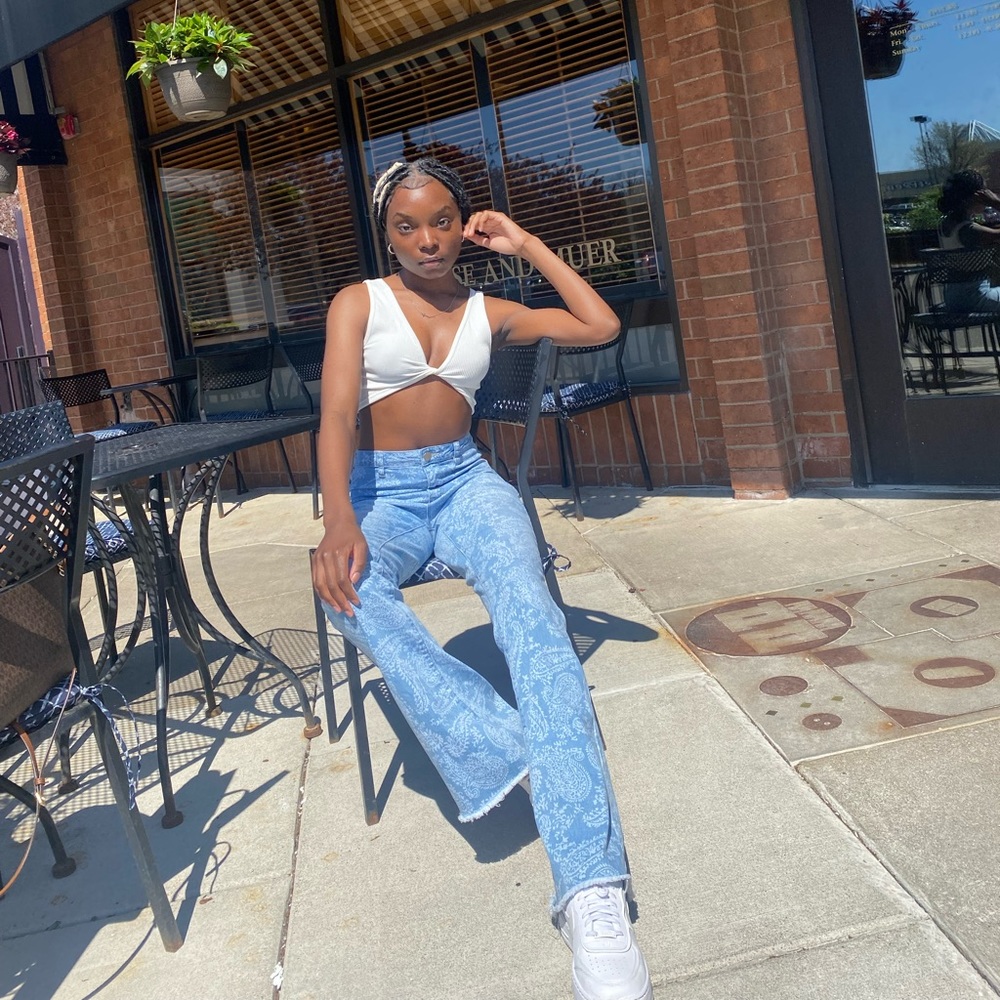 White-Patterned High-Waist Flare Jeans